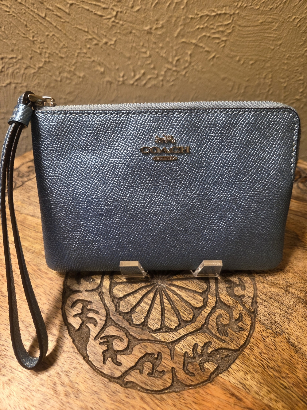 COACH Metallic Blue Leather Wristlet Clutch